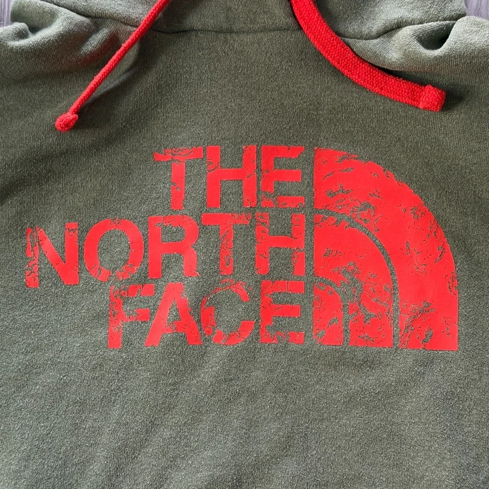 The North Face Hoodie Mens Olive Green Red Logo Pullover Hooded Sweatshirt Large
